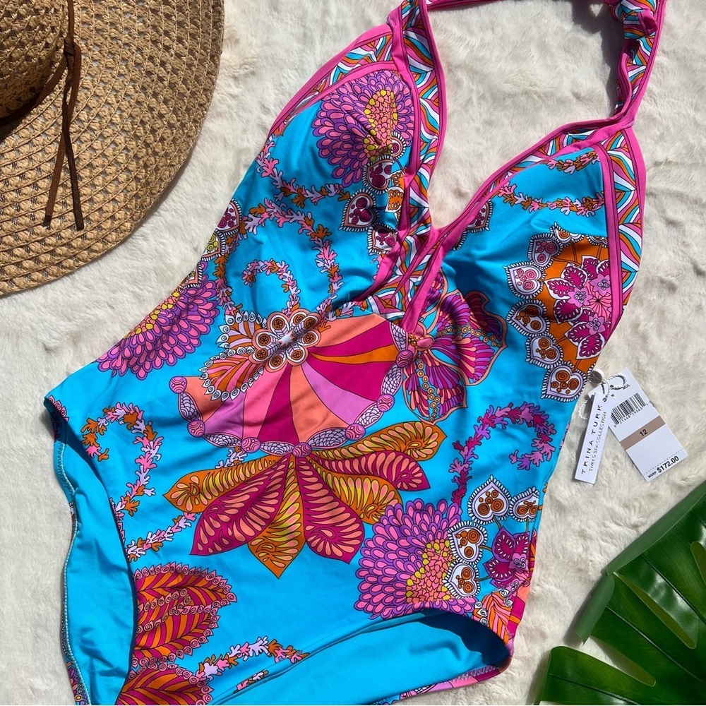 Trina Turk Pink & Turquoise Floral Halter One-Piece Swimsuit - Picture 10 of 11